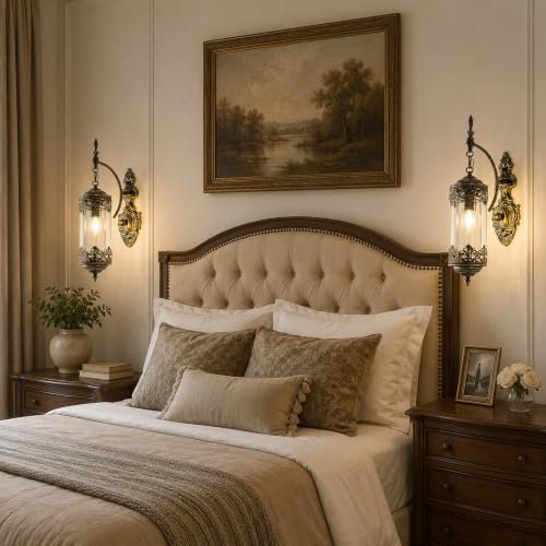 Antique Gothic Glass Wall Sconce for Bedroom (2 Black Bursh Gold)