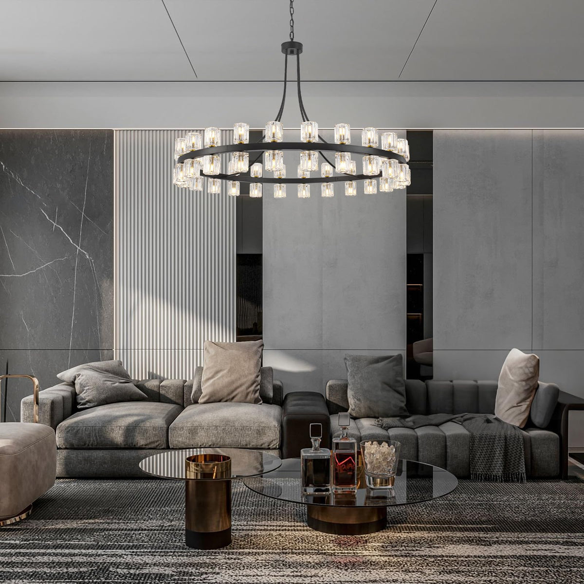 48'' Crystal Wagon Wheel Chandelier with Glass Shade for Living Room (48-Lights)