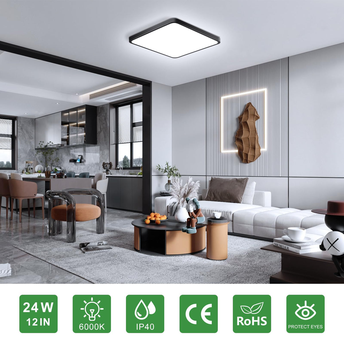 12Inch 24W Square LED Ceiling Light Fixtures Flush Mount (Cool White / 12 inch Black)