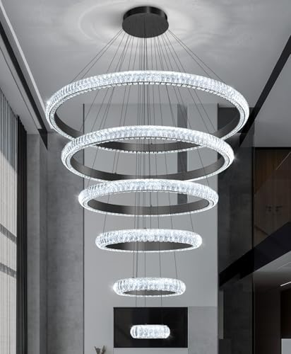 47" 6 Ring Crystal Chandelier Modern LED Dimmable Ring Pendant Light Chandelier for Dining Room Living Room Black (Black / 6 Ring Round 47")
