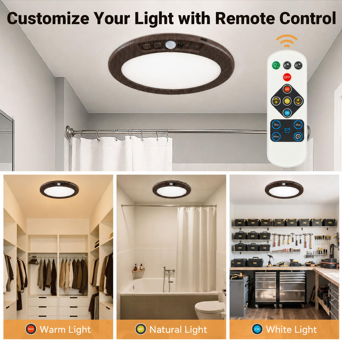 Wireless Rechargeable Ceiling Light with Remote (Dark Wood / 2 Packs)