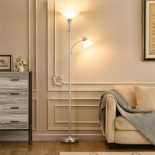 Torchiere Silver Floor Lamp with Adjustable Angle Reading Lamp (Silver)