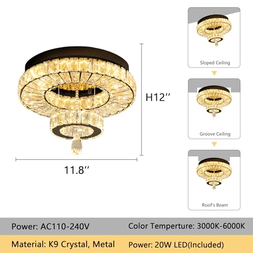 Crystal Chandelier Modern Dimmable LED Crystal Ceiling Light Ring Flush Mount Ceiling Light Fixtures with Remote Control for Living Room Dining Room Bedroom Entryway