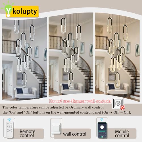 Modern Led Black Chandelier Adjustable 8 Rings Crystal Chandelier for Foyer Stairwell Crystal High Ceiling Pendant Light Dimmable 2700K (Black / 8 Rings (New))
