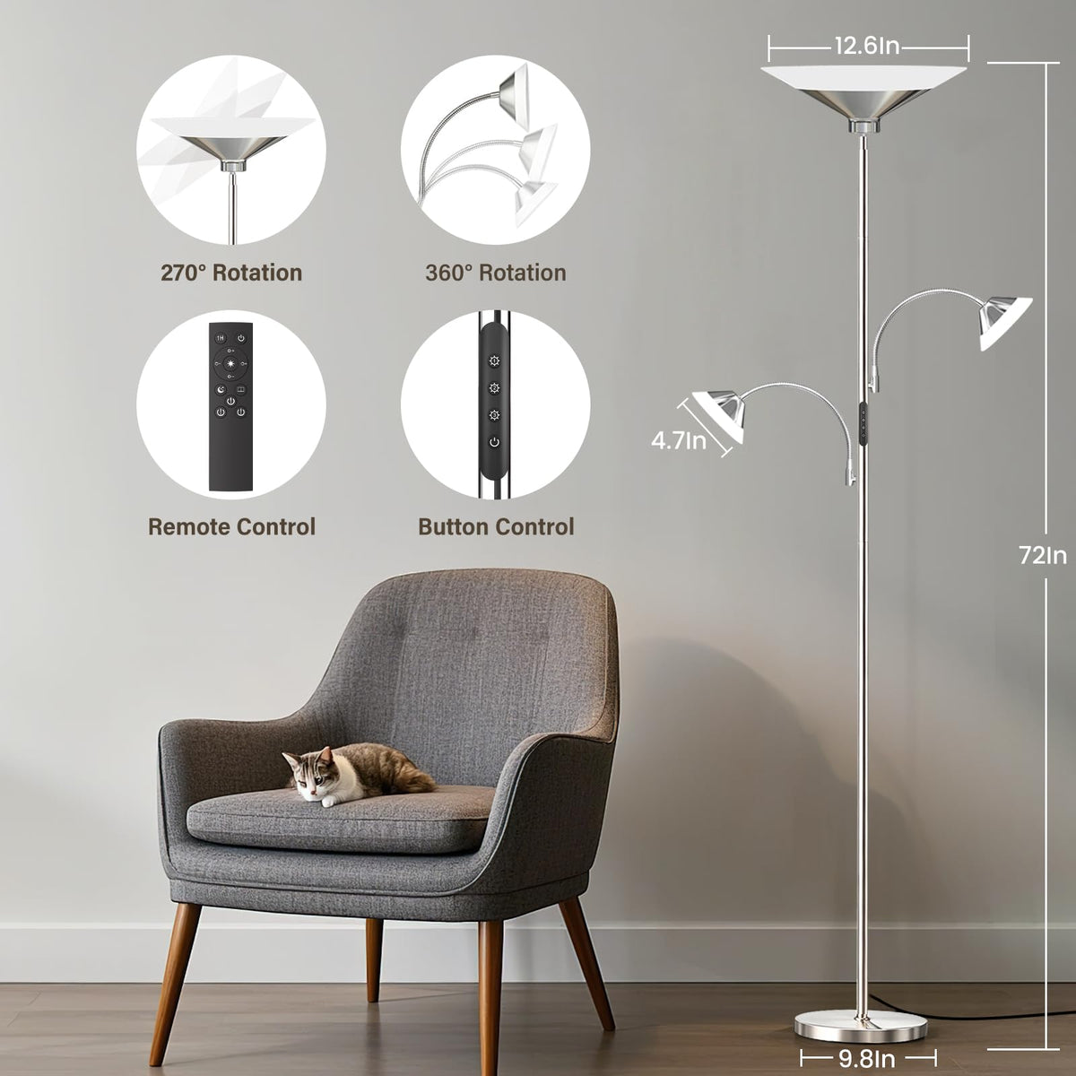 42W 3 Light Torchiere Floor Lamp (Metal Silver)
