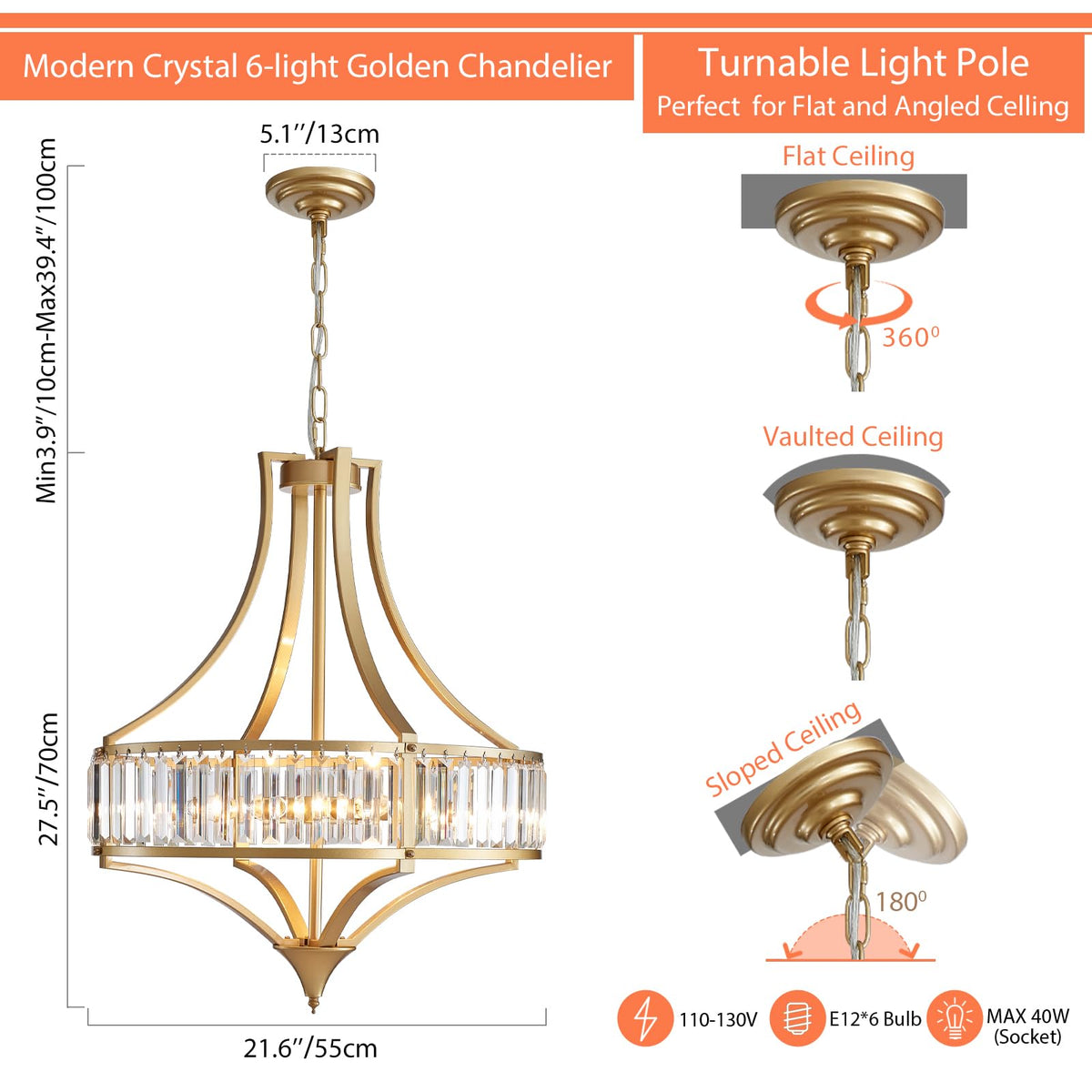 Crystal Chandeliers for Dining Room 21.6" Rustic Farmhouse Chandelier with Round Metal Shade 6 (21.6"-Gold)