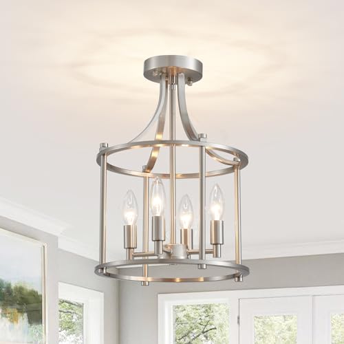 Brushed Nickel Semi Flush Mount Ceiling Light Fixture Modern 4 Light Round Small Mini Chandelier Cage Ceiling Lights for Entryway Foyer Hallway 12" Geometric Dining Room Chandelier (183-Brushed Nickel)