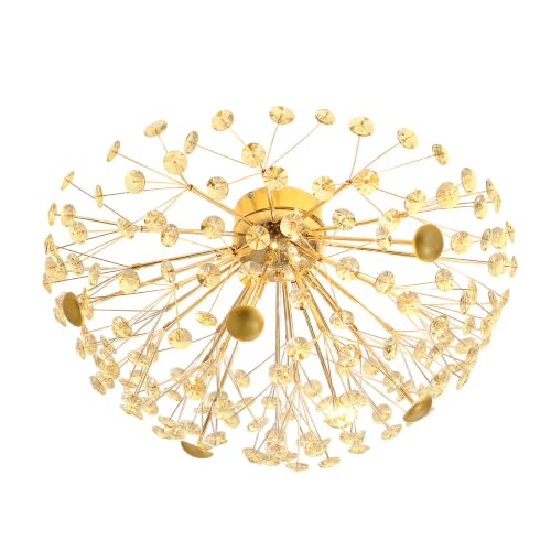 Crystal Sputnik Firework Chandelier LED Ceiling Chandelier for Bedroom Kitchen Island Hallway Entryway Crystal Firework Close to Ceiling Light (Gold Ceiling / Dia 24inches)