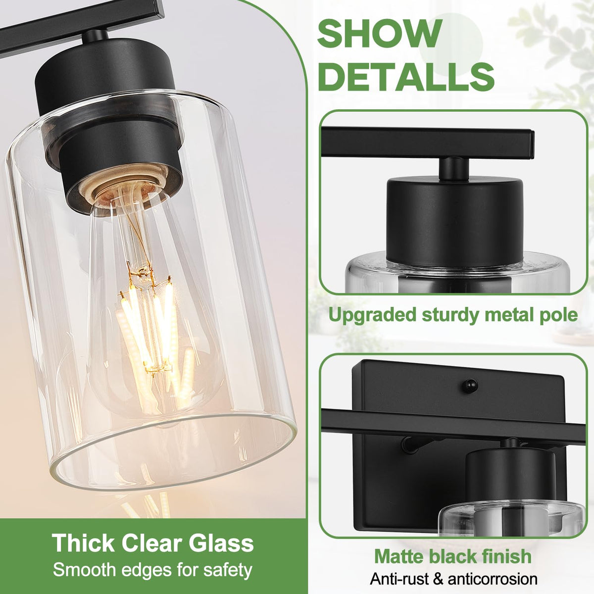 Black Bathroom Light Fixtures with Clear Glass Shades (Matte Black / 3-light)