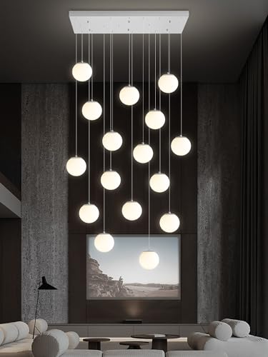 16 Light Gold Chandelier with White Globe Glass Dimmable Ceiling Light Glass Pendant Light for Kitchen Island (Gold-White / Rectangle 16-Light)