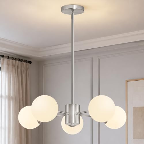 5-Light Mid-Century Modern Nickel Sputnik Chandeliers Dining Room (Milk, Nickel, S)