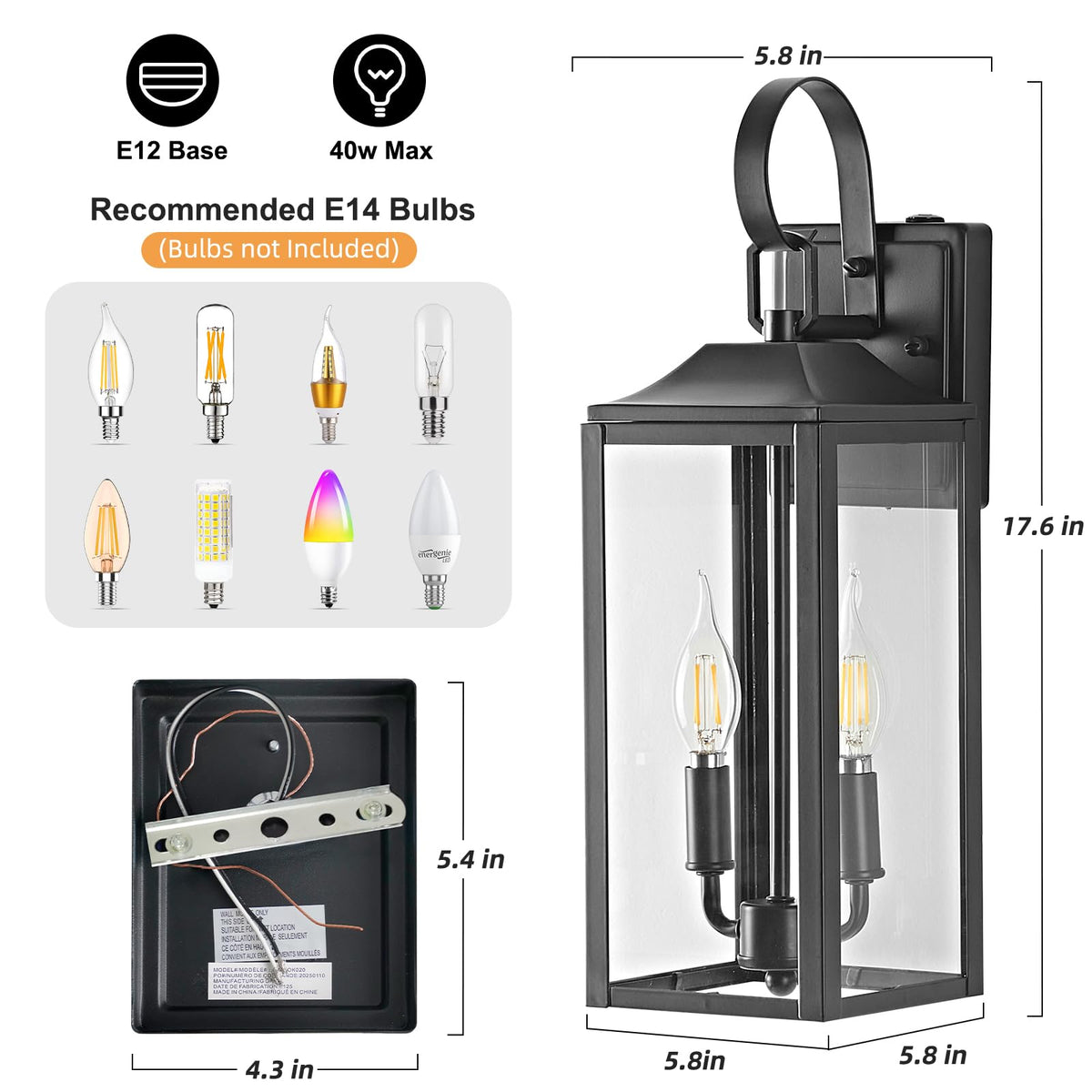 17.6" Black Outdoor Wall Light Fixture (Black-Normal / 1-pack)