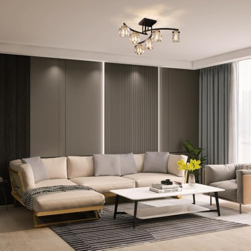 6 Lights Modern Sputnik Ceiling Light Fixture Black Crystal Semi Flush Mount Ceiling Light Farmhouse Chandeliers for Dining Room Living Room Kitchen Island Bedroom Entryway (Black / 6-Light)