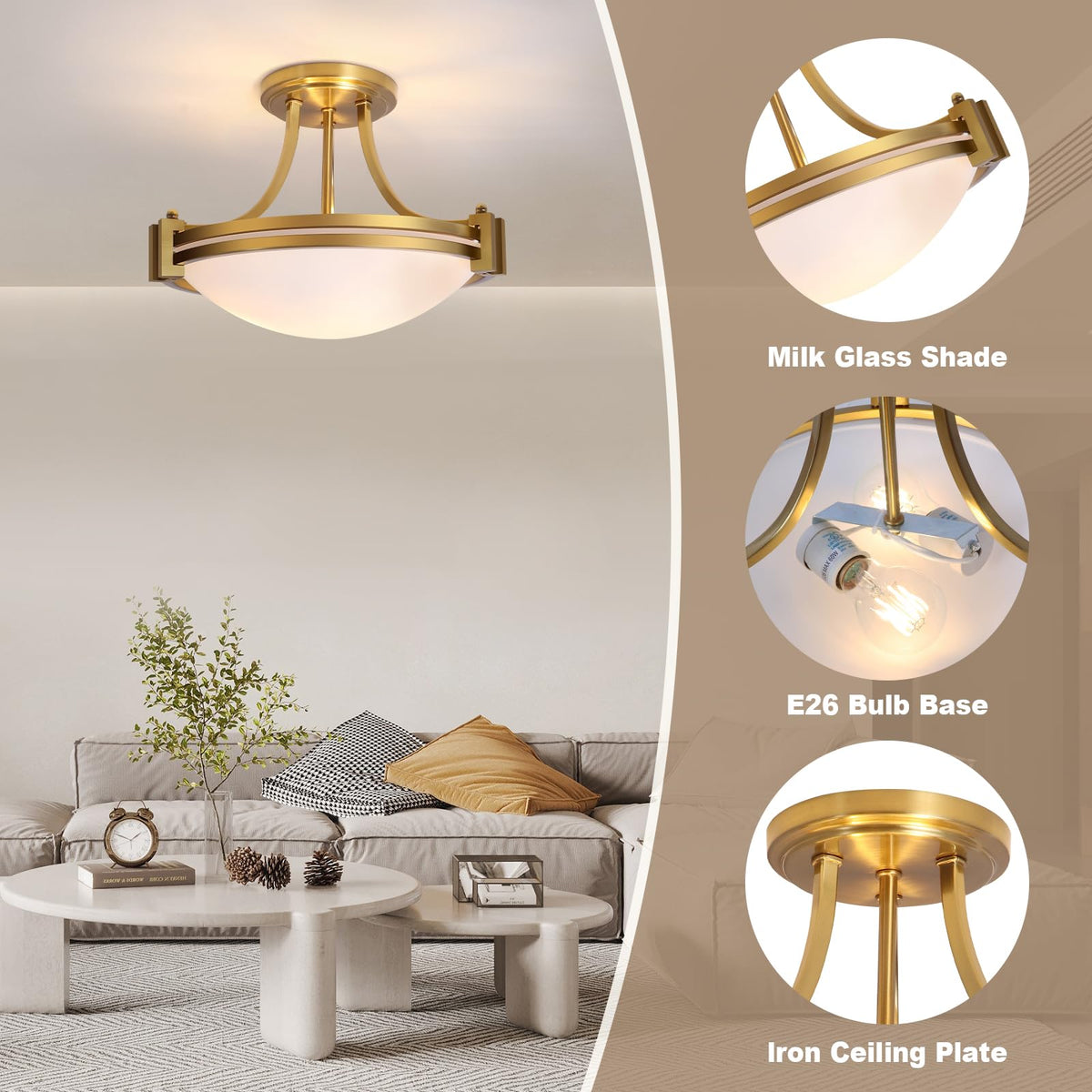 Semi Flush Mount Ceiling Light Fixture 12 inch Brushed Gold Light Fixture with Milk Glass for Bedroom Kitchen Bathroom Hallway Foyer Dinning Room Hall Entryway ETL Certified (12in Gold)