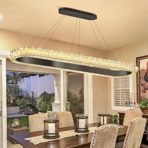 47'' Oval Ring Crystal Chandelier Modern LED Dimmable Ring Pendant Light Chandelier for Dining Room Living Room Black (Black / 1 Ring Oval 47")