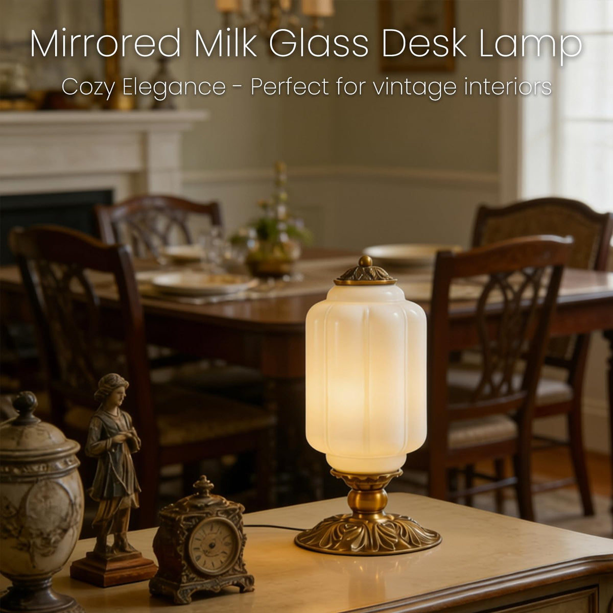 Vintage Green Milk Glass Table Lamp with Antique Metal Base (Wihte)