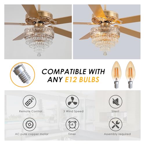 52"Golden Crystal Chandelier Ceiling Fans with Lights and Remote Control (Gold-52IN)