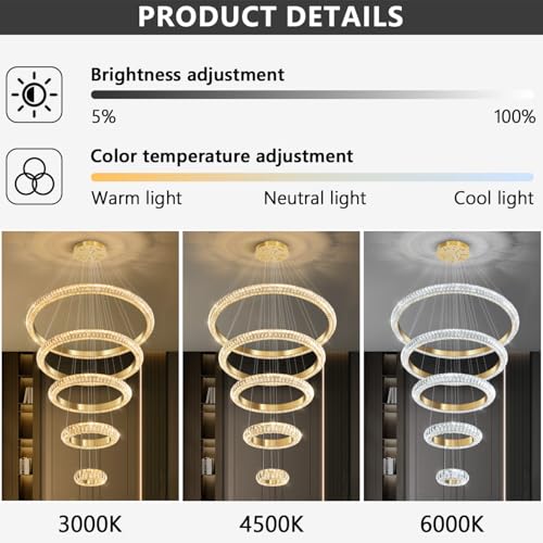 5 Ring Large Crystal Chandelier Modern LED Dimmable High Ceiling Chandelier Ring Contemporary Pendant Light Fixture for Living Room Foyer Staircase Gold D40'' (Gold / 5 Ring Round 40")