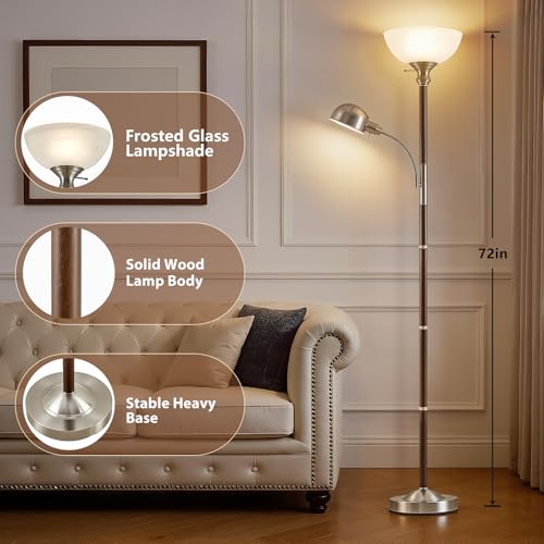 72" Wood Torchiere Floor Lamp with Glass Shade Walnut Standing Lamp (Dark Walnut)