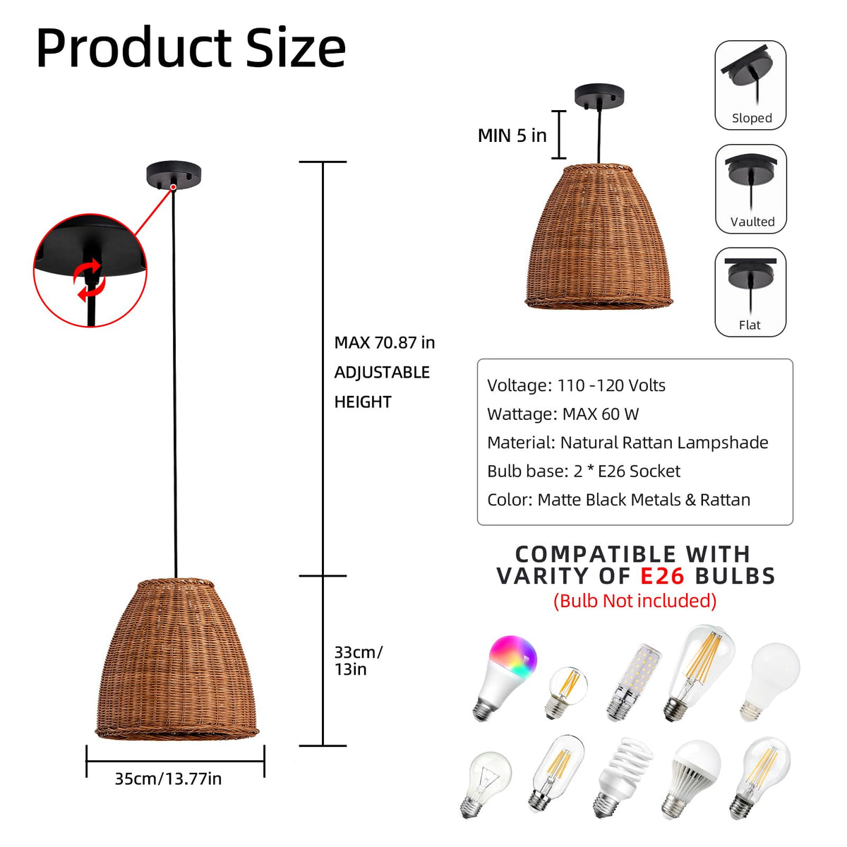 13.8" Rattan Pendant Light (Dark Brown Rattan / 13.77" 2-Light)