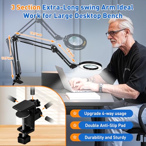 Ultra Long 3 Section Swing Arm 12X 30X Magnifying Glass with Light (35.2 Inch)