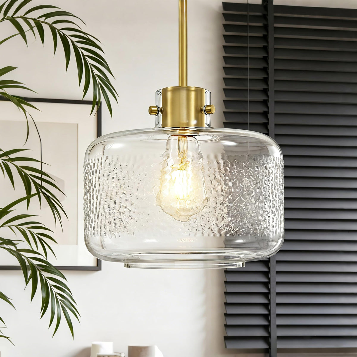 Gold Pendant Lights Kitchen Island with 9.84in Hammered Glass Shade 1Pack (Gold-Hammered Clear Glass)