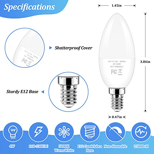 E12 Candelabra LED Light Bulbs 40W Equivalent (5000k Daylight White / 12 Pack)