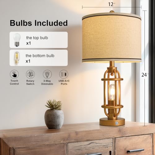 23.75'' Table Lamps Set of 2 for Living Room Bedroom Industrial Farmhouse Metal Touch Lamps with USB A+C Ports (23.75'' Antique Gold - Set of 2)