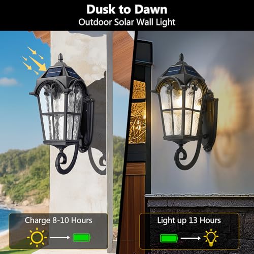 Exterior LED Solar Wall Sconce with Remote Control (Black - Water Grain Glass / 24 Inch - Solar Powered)