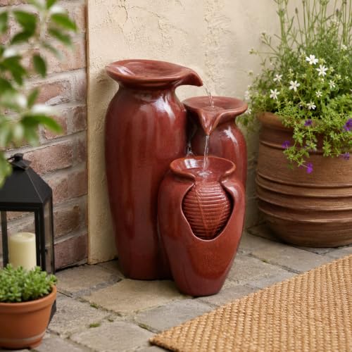 Jar 3 Tiered Floor Waterfall Fountain with Pump for Outdoor Patio Garden Backyard Decking (Vintage Red)