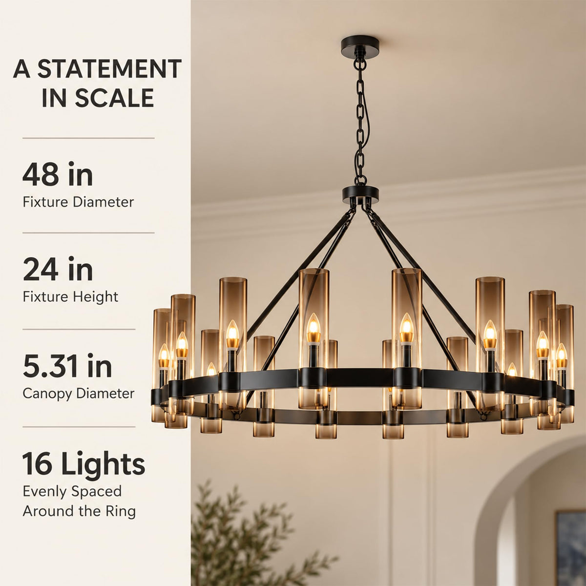 48 Inch Wagon Wheel Chandelier with Glass Shade (Black 48Inch 16Light B / 48IN-B)