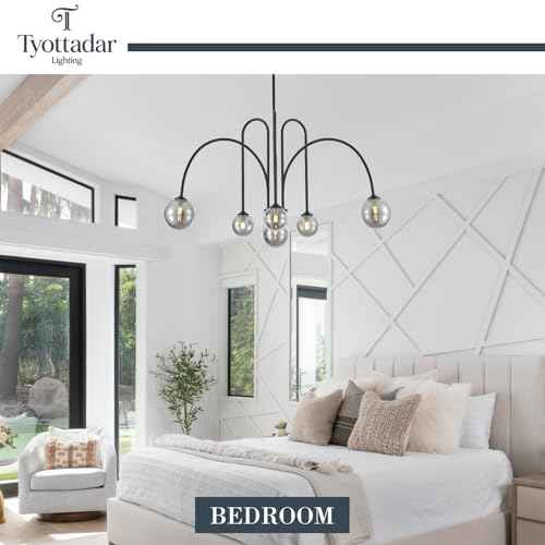 6 Light Modern Sputnik Chandelier L41’’ Black Mid Century Pendant Chandelier with Smoked Glass Shades Contemporary Large Pendant Light Fixture for Foyer Bedroom Staircase Living Room Kitchen (Black Smoke Gray / 6-Light)