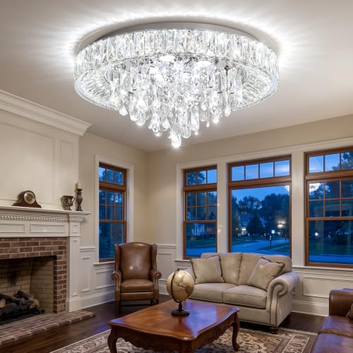 23.6" Modern Crystal Chandeliers LED Dimmable Flush Mount Ceiling Chandeliers for Living Room Entrance Foyer Bedroom Silver (Silver / 23.6" Width)