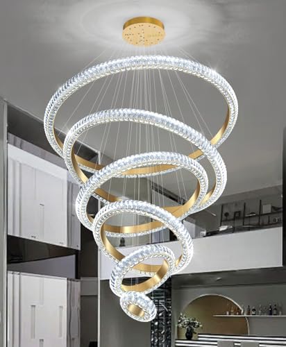 47" 6 Ring Crystal Chandelier Modern LED Dimmable Ring Pendant Light Chandelier for Dining Room Living Room Gold (Gold / 6 Ring Round 47")