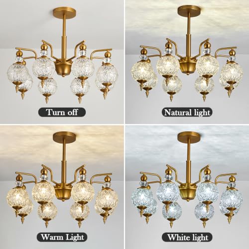 Vintage Gold Sputnik Chandelier 8 Lights Crystal Adjustable Hanging Ceiling Light Fixture Antique Large Pendant Lighting with Glass Globe Shade for Living Room Dinning Room Bedroom Kitchen (Gold / 8 light)