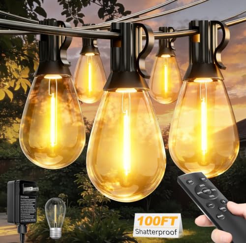 100FT Outdoor String Lights 35 Bulbs with Remote Dimmable Timer Flashing (100FT-Remote)