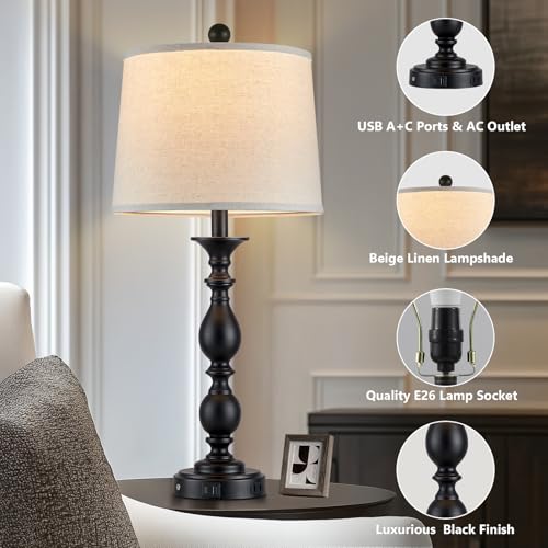 28" Black Modern Table Lamps Set of 2 with USB C+A Ports and AC Outlet (Black-2 Pack)