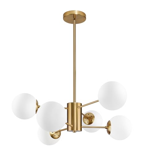 5 Light Globe Sputnik Chandelier Mid Century Sputnik Chandeliers Modern Black Globe Pendant Light Matte Black Finished with White Frosted Glass Lampshade for Dining Room Bedroom Kitchen