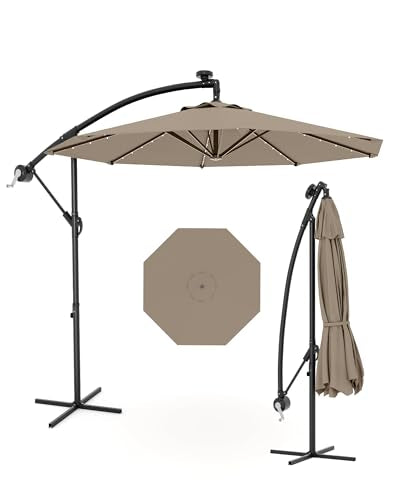 10FT Solar Lights Offset Patio Umbrella with Cross Base