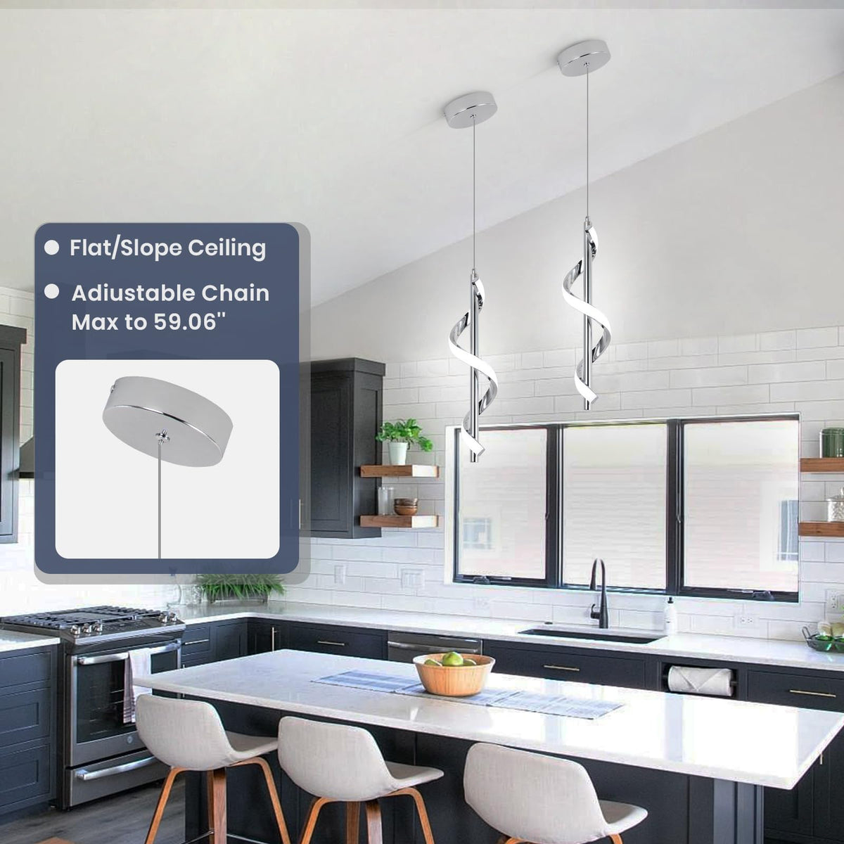 3 Packs Modern Spiral Led Pendant Light Fixture (Chrome)