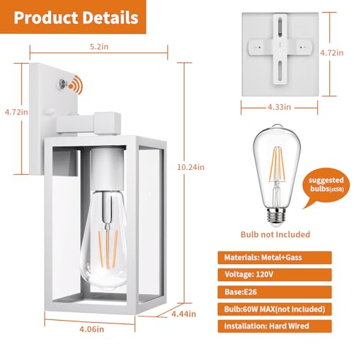 2 Pack White Dusk to Dawn Front Porch Lighting Fixtures Wall Mount (White / Small-10.24'')