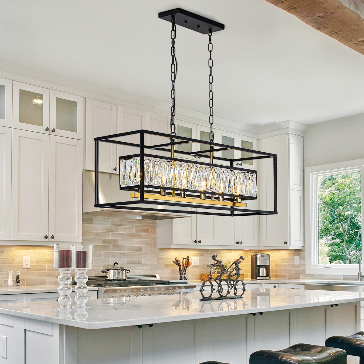 Modern Black and Gold Rectangle Crystal Chandeliers for Dining Room (Black & Satin Brass L35")