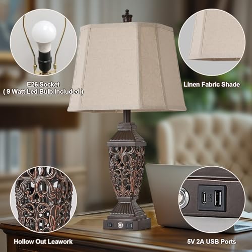 27.5" Touch Control Traditional Table Lamp Set of 2 with USB A+C (Bronze Gold-10 / 27.5")