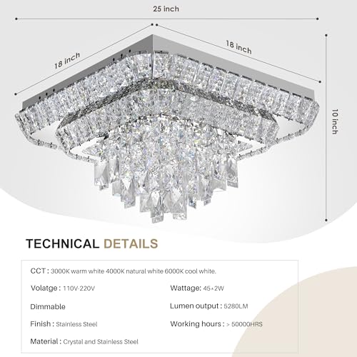 Crystal Chandeliers Modern Led Luxury Bedroom Ceiling Light Flush (Silver / 25 Inches)