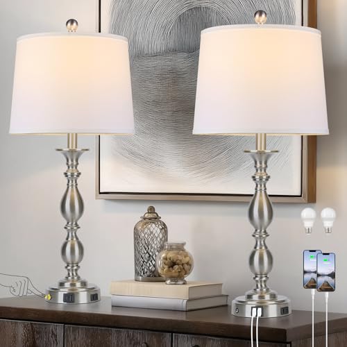 28" Tall Modern Table Lamps Set of 2 with USB A+C Ports and AC Outlet (Silver-2 Pack)
