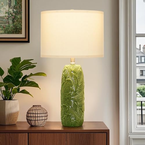 25" Green Ceramic Table Lamps for Living Room Set of 2 with Leaves Design (Green-L)