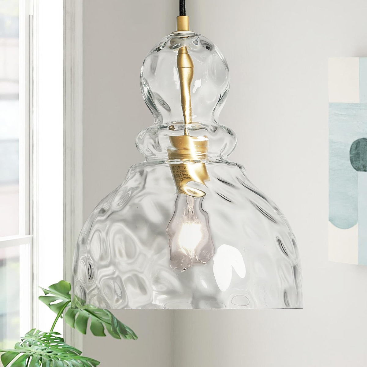 Hammered Glass Pendant Light Gold Pendant Lights Kitchen Island 10in Large Brass Kichen Island Light Over Sink Glass Ceiling Pendant Light for Entry Hallway Dining Room (Gold)