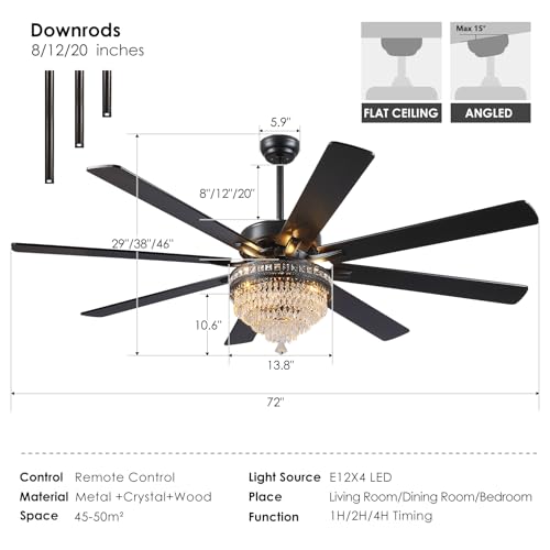72 Inch Black Large Crystal Chandelier Ceiling Fans with Lights and Remote (Black-72IN)