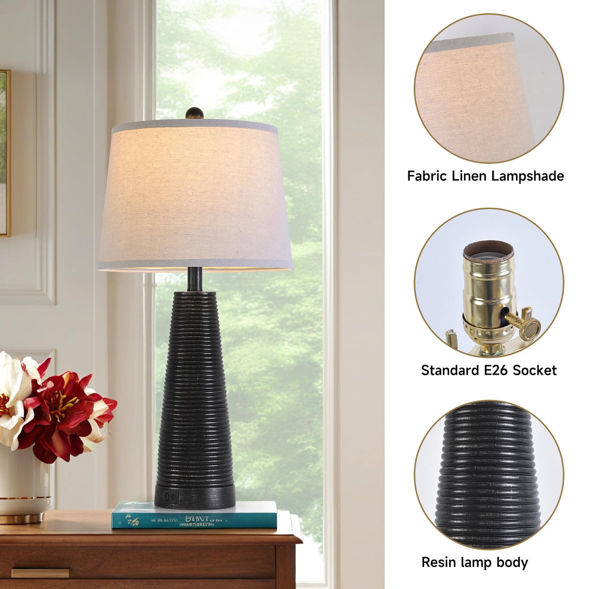 Nightstand Lamp Bedside Lamps Set of 2 Desk Lamp Vintage Rustic Farmhouse Table Lamp 3 Way Dimmable Light (BLACK WITH GOLD / High 24/27 Inch)
