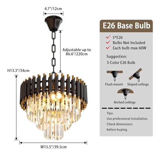 Modern Black Crystal Chandelier (D15.5"XH13.3" Black)
